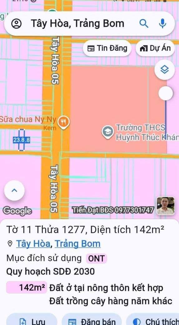 Bán đất 2 mặt tiền Tây Hòa, Trảng Bom 142m² - Đầu tư sinh lời cao!