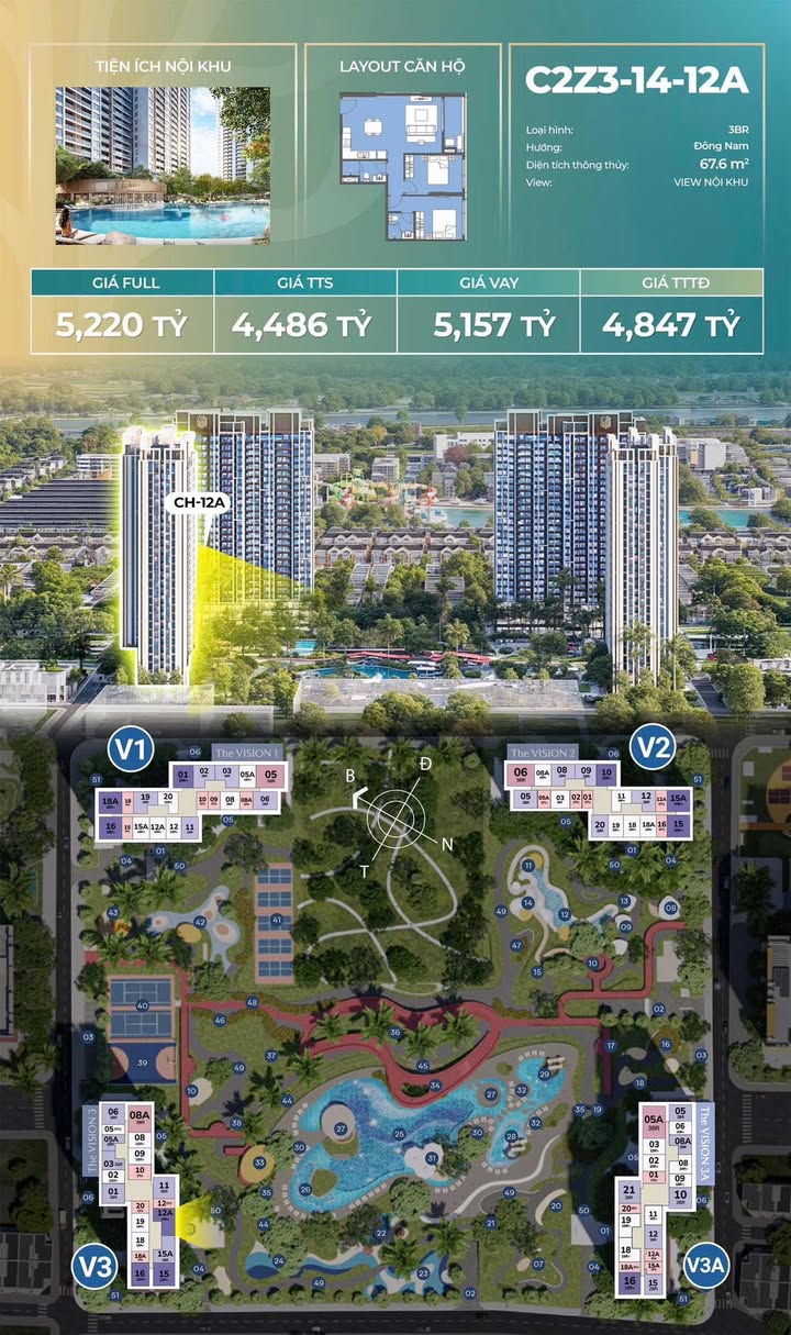 Căn hộ 2 phòng ngủ Masterise Era Landmark Vinhome Oceanpark 3 67,6m² giá 4,486 tỷ - View nội khu tuyệt đẹp!