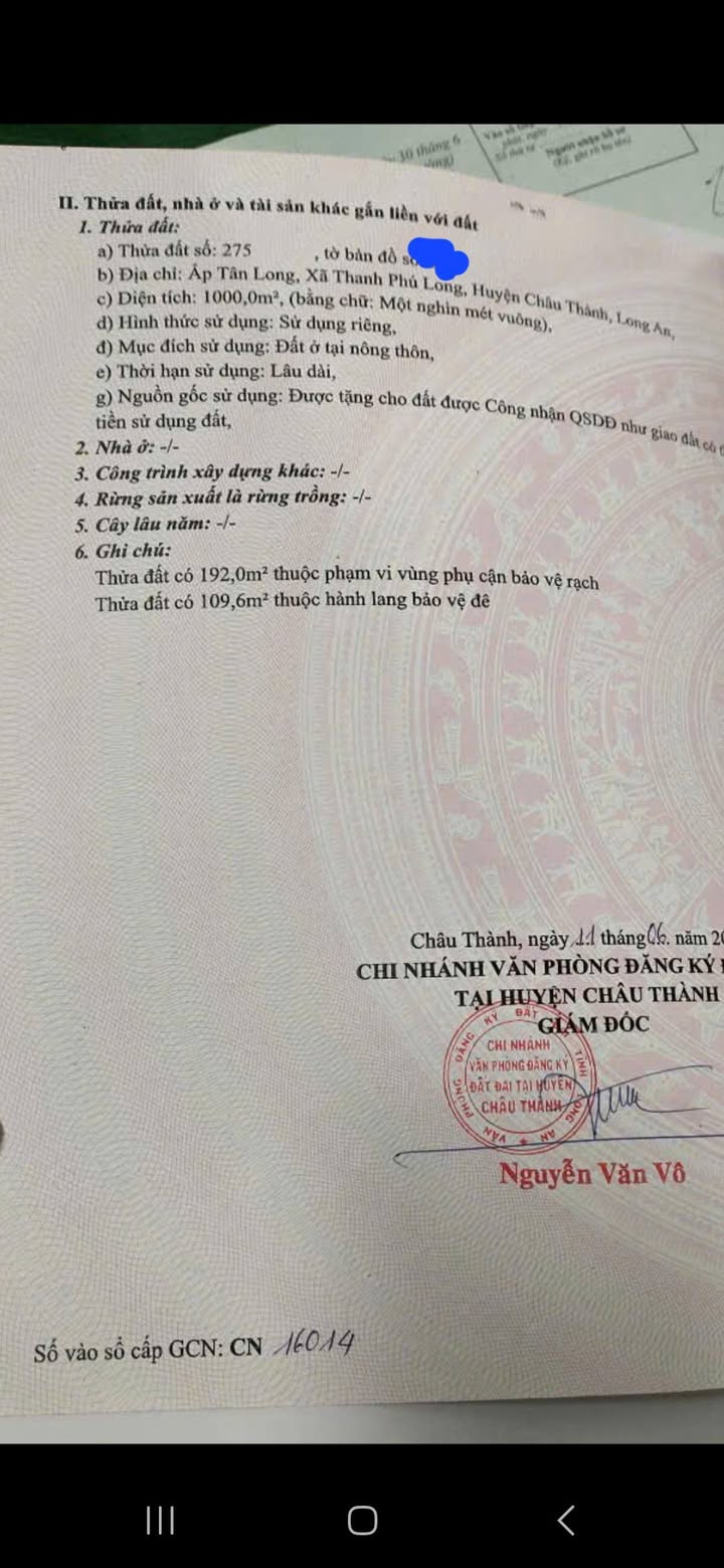 Đất thổ cư 1000m² tại xã Thanh Phú, Châu Thành, Long An - Giá 1,5 tỷ, đường xe hơi đẹp!