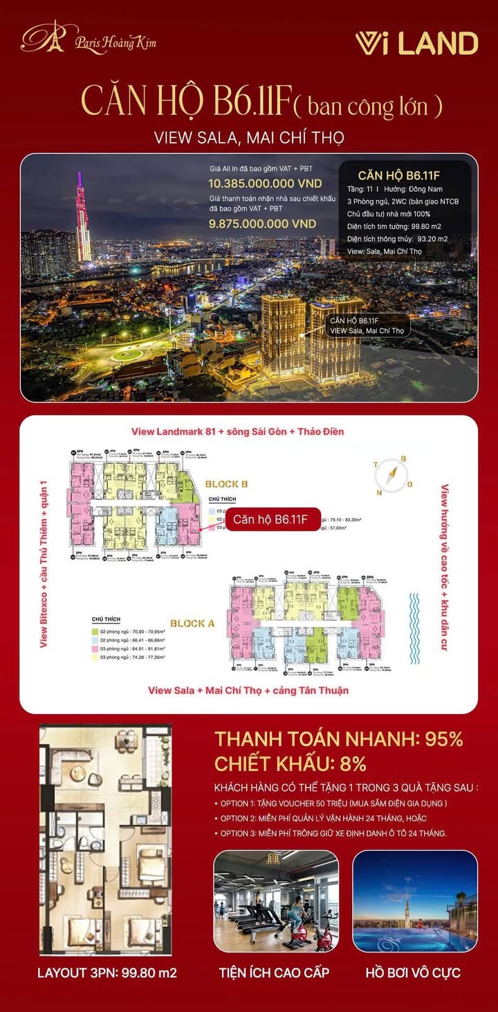 Căn hộ Paris Hoàng Kim quận 2, 100m² giá 9.875 tỷ - Thiết kế đẹp, view thoáng