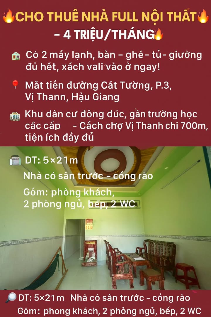 Nhà cho thuê đường Cát Tường, Vị Thanh 105m² giá 4 triệu - Full nội thất, vào ở ngay!