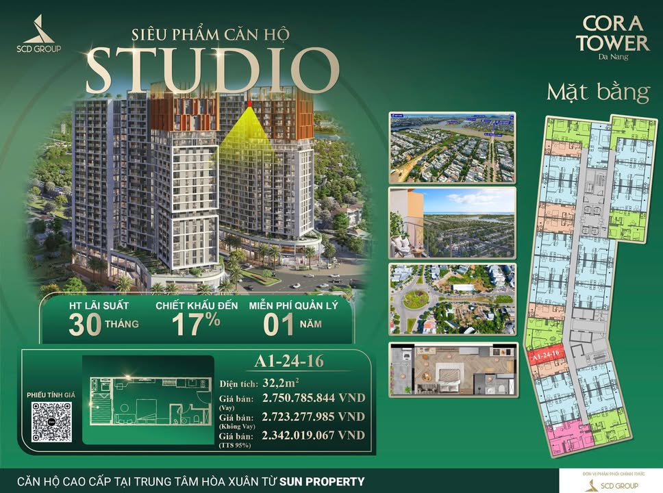 Căn hộ Studio Cora Tower Đà Nẵng 32m² giá 2.342 tỷ - View cao thoáng, thiết kế tinh gọn!