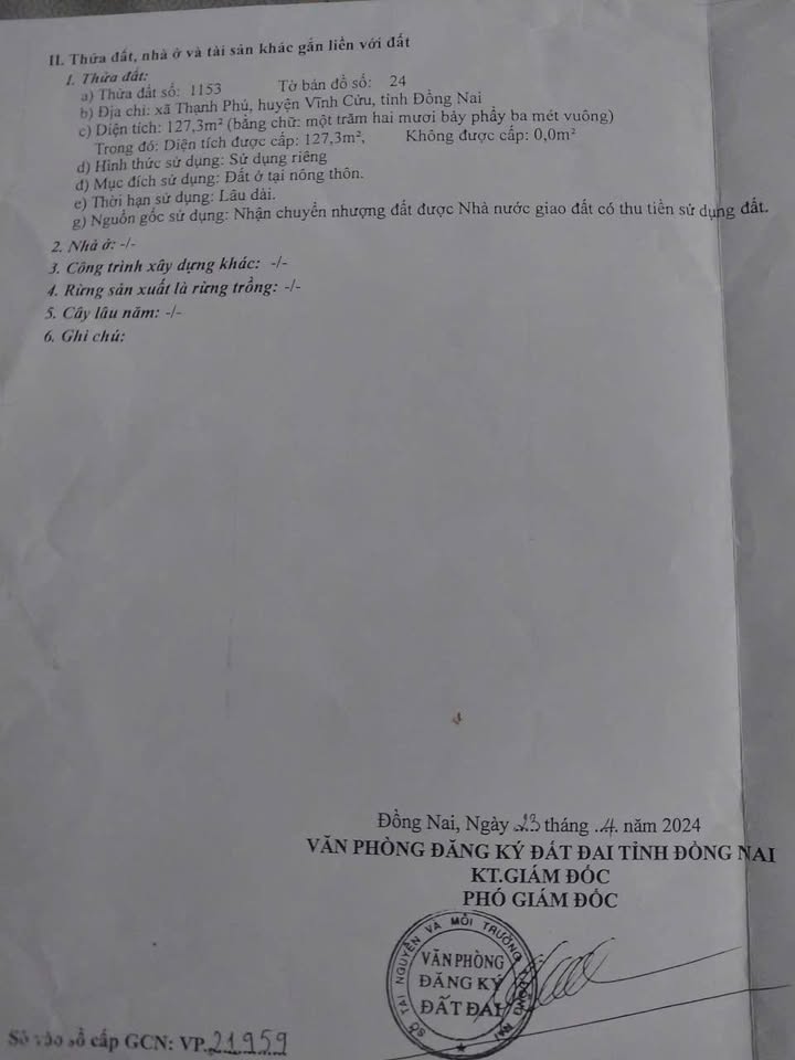 Đất thổ cư Thạnh Phú, Vĩnh Cửu 127m² giá 1.55 tỷ - Sổ riêng, thương lượng