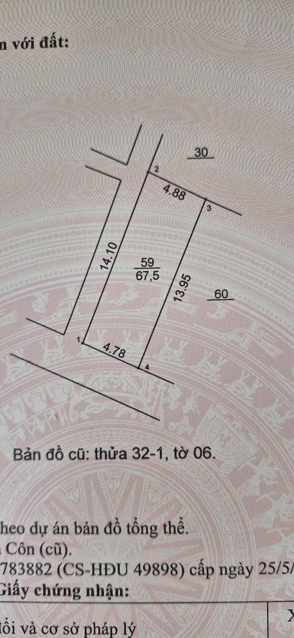 Đất lô góc Vân Côn - Hoài Đức 67m² giá 4.365 tỷ - Sổ đỏ chính chủ!