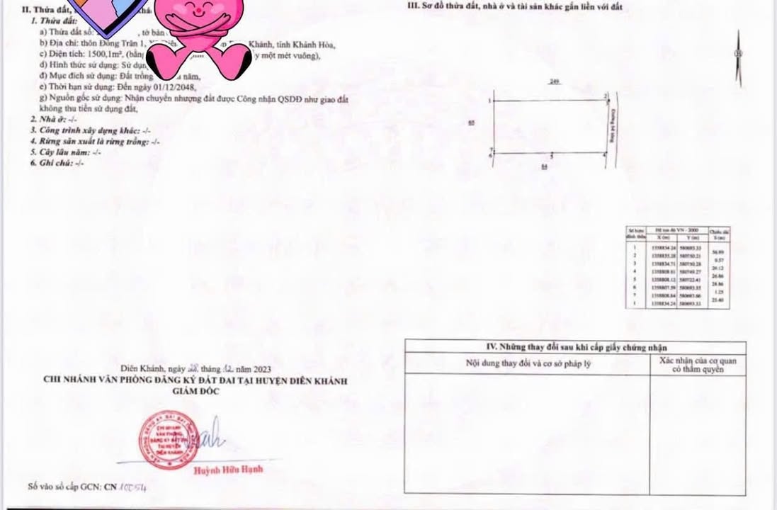Đất thổ cư thôn Đồng Trăn 1, Diên Khánh 1500m² giá 1.5 tỷ - Hướng Đông, tiện ích đầy đủ!