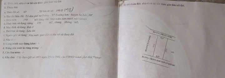 Bán đất đẹp tại Trường Sơn, An Lão, Hải Phòng - Diện tích 857m², giá thỏa thuận!