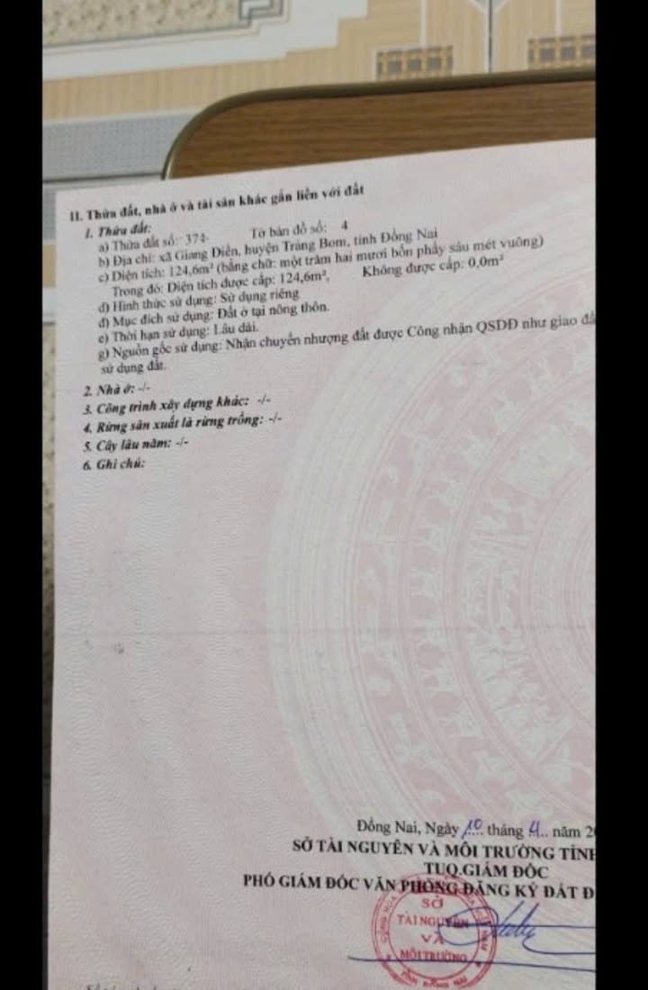 Đất thổ cư Giang Điền Trảng Bom 124.6m² giá 1.15 tỷ - Sổ đỏ chính chủ ngay!