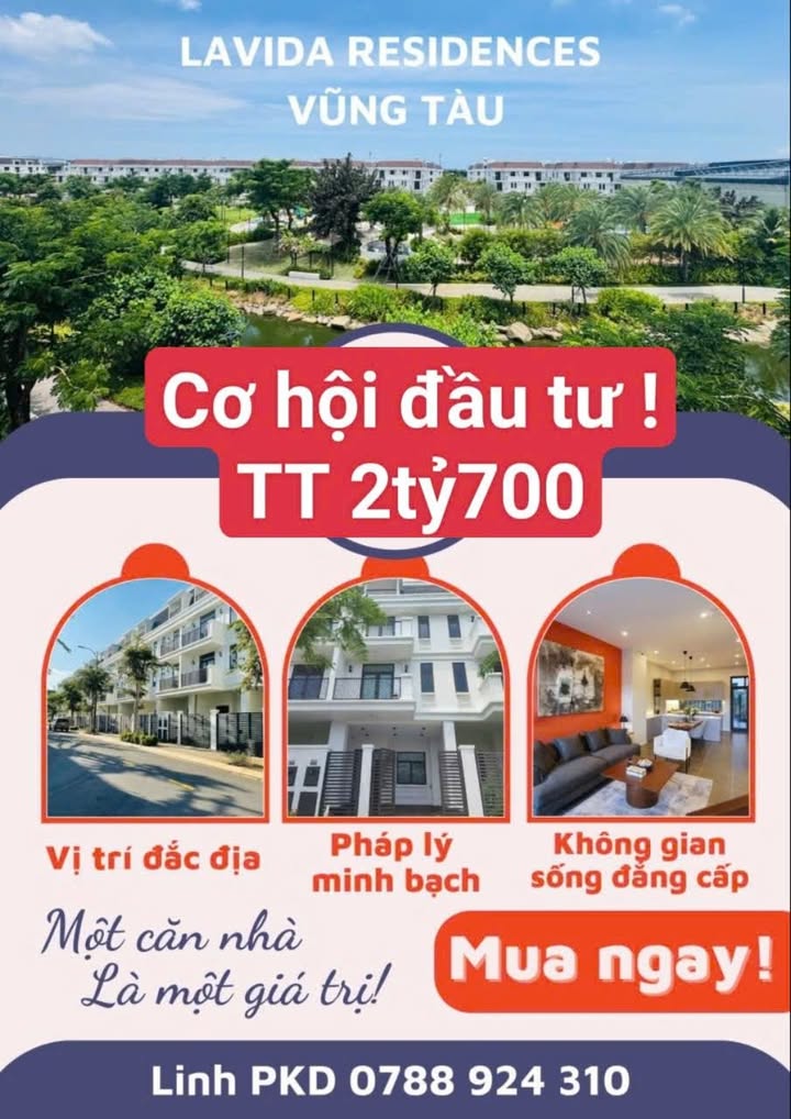 Nhà phố liên kế Lavida Vũng Tàu 75m² giá 6.2 tỷ - Cơ hội đầu tư hấp dẫn!