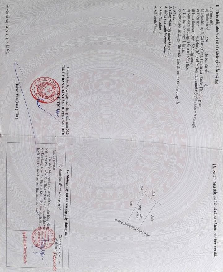 Đất thổ cư 411m² mặt tiền Đan ô tô tại Long Cang - Giá chỉ 2.3 tỷ!