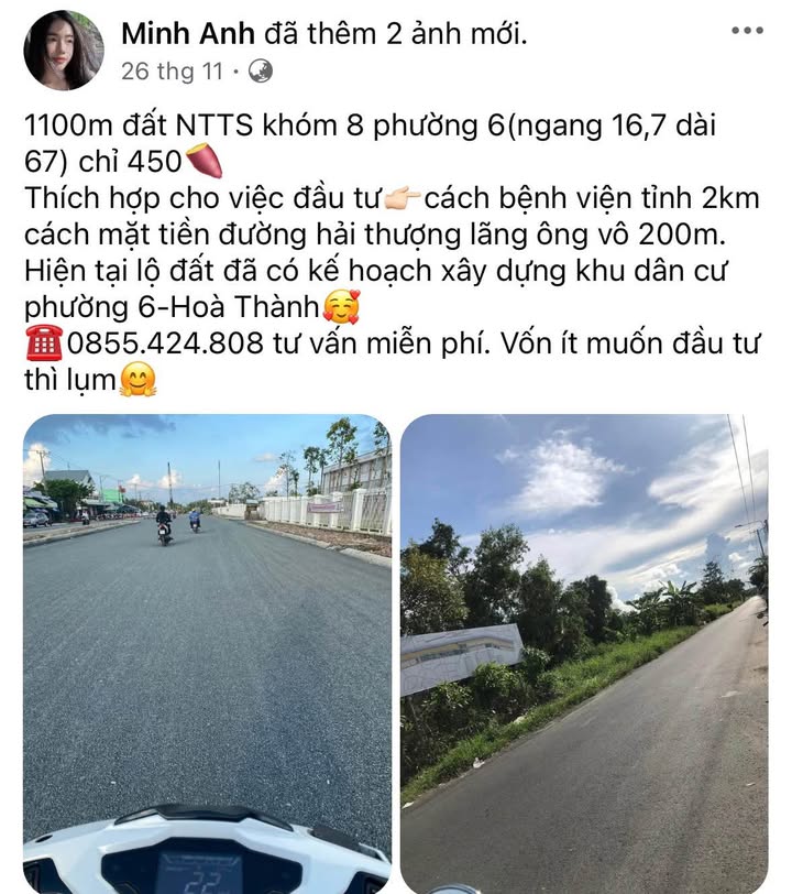 Đất nền 1100m² khu phố 8, phường 6, Cà Mau - Đầu tư sinh lời chỉ 450 triệu!