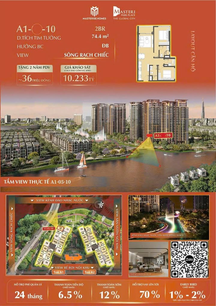 Căn hộ Masteri Park Place Thủ Đức 74.4m² giá 10.233 tỷ - View sông Rạch Chiếc tuyệt đẹp!