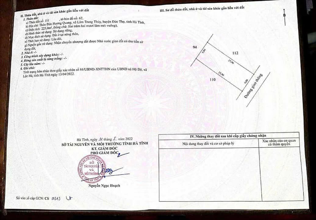 Đất nền 225m² tại thôn Đức Hương Quang, Đức Thọ - Giá thỏa thuận, pháp lý rõ ràng!