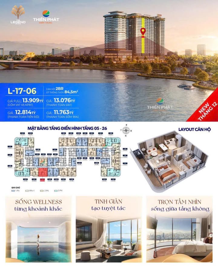 Căn hộ 2PN The LeGend Đà Nẵng 84m² giá thỏa thuận - View Cầu Rồng tuyệt đẹp!