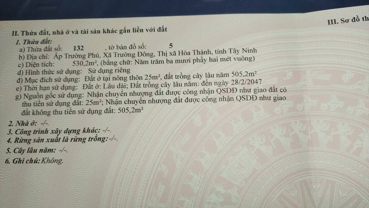 Đất thổ cư 500m² Hòa Thành, Tây Ninh - Giá 95 triệu, thương lượng chính chủ!