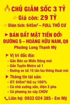 Bán đất mặt tiền đường Hoàng Hữu Nam, Q9, 645m² giá chỉ 29 tỷ - Đầu tư sinh lời ngay!