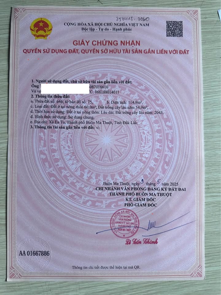 Đất thổ cư chính chủ tại xã Ea Tu, Buôn Ma Thuột 114,9m² giá 678 triệu - Sổ hồng riêng sang tên ngay!