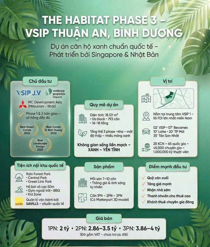 Căn hộ Habitat Dĩ An 70m² giá 2.8 tỷ - Bàn giao 6/2025 từ chủ đầu tư Mitsubishi