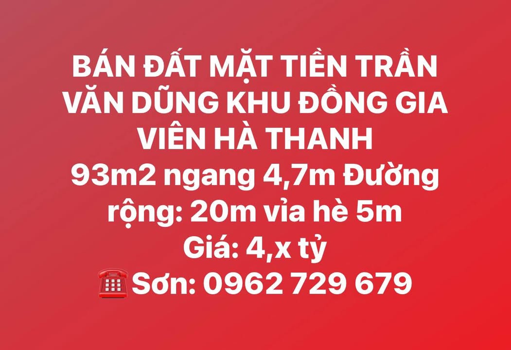 Đất mặt tiền Trần Văn Dũng, Quy Nhơn 93m² giá 4 tỷ - Đầu tư sinh lời ngay!