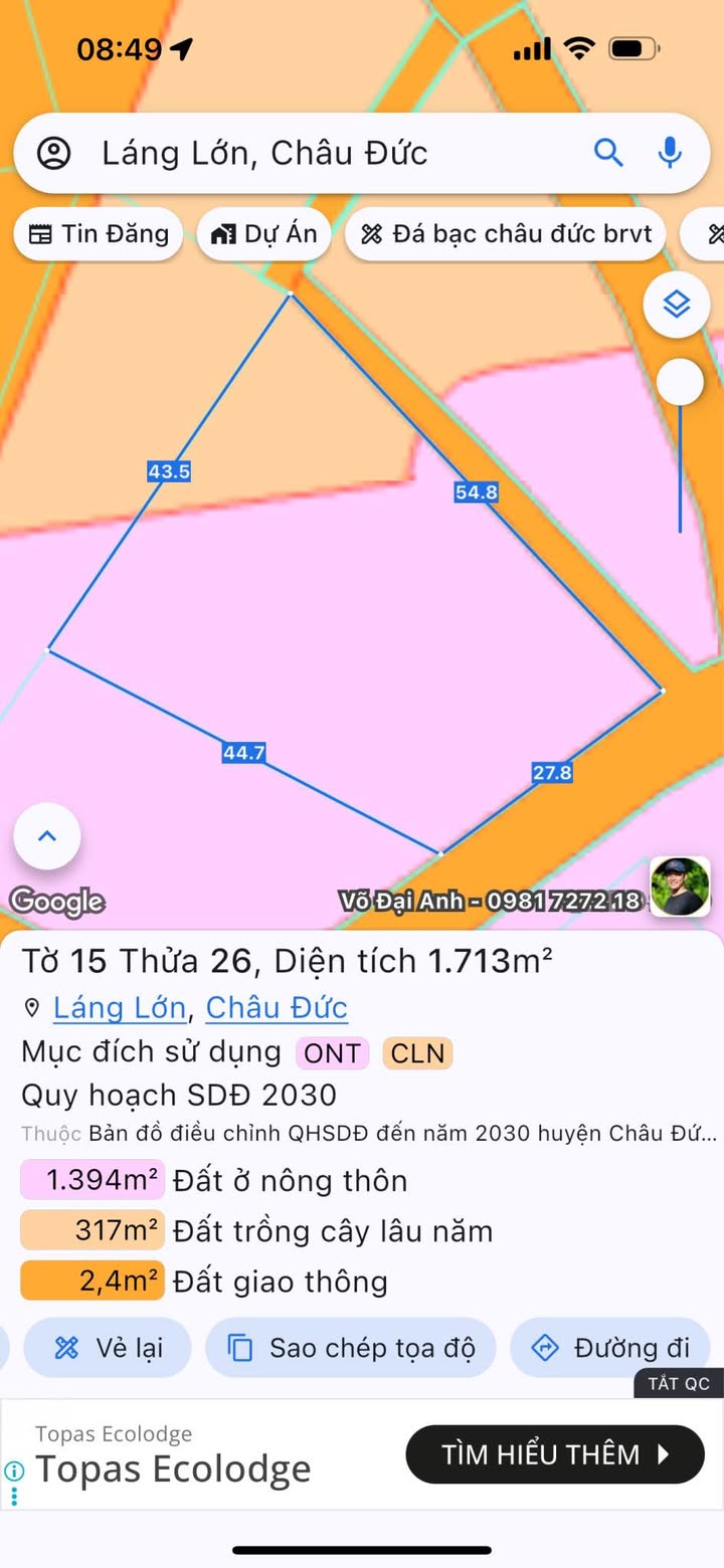 Đất Láng Lớn Châu Đức 1700m² giá 4.2 tỷ - Mặt tiền đường nhựa rộng rãi!