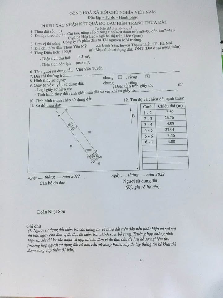 Đất mặt đường TL 420, Yên Mỹ, 108m² - Giá tốt cho đầu tư kinh doanh!