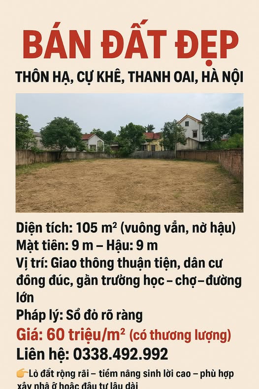 Đất thổ cư thôn Hạ, Cự Khê, Thanh Oai, Hà Nội 105m² - Giá chỉ 6.3 tỷ, đầu tư sinh lời cao!