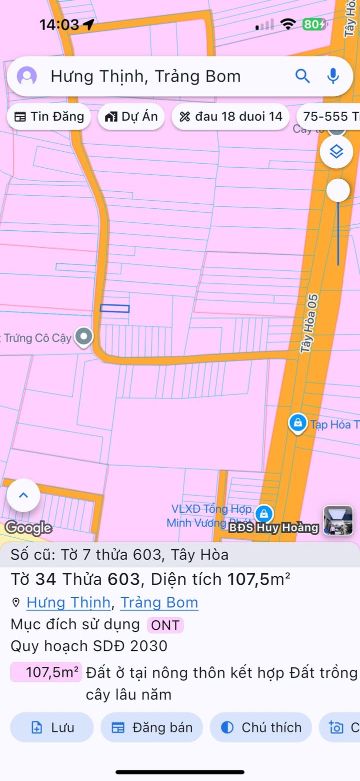 Đất thổ cư Tây Hòa Trảng Bom 105m² giá 1.3 tỷ - Đường nhựa thông thoáng