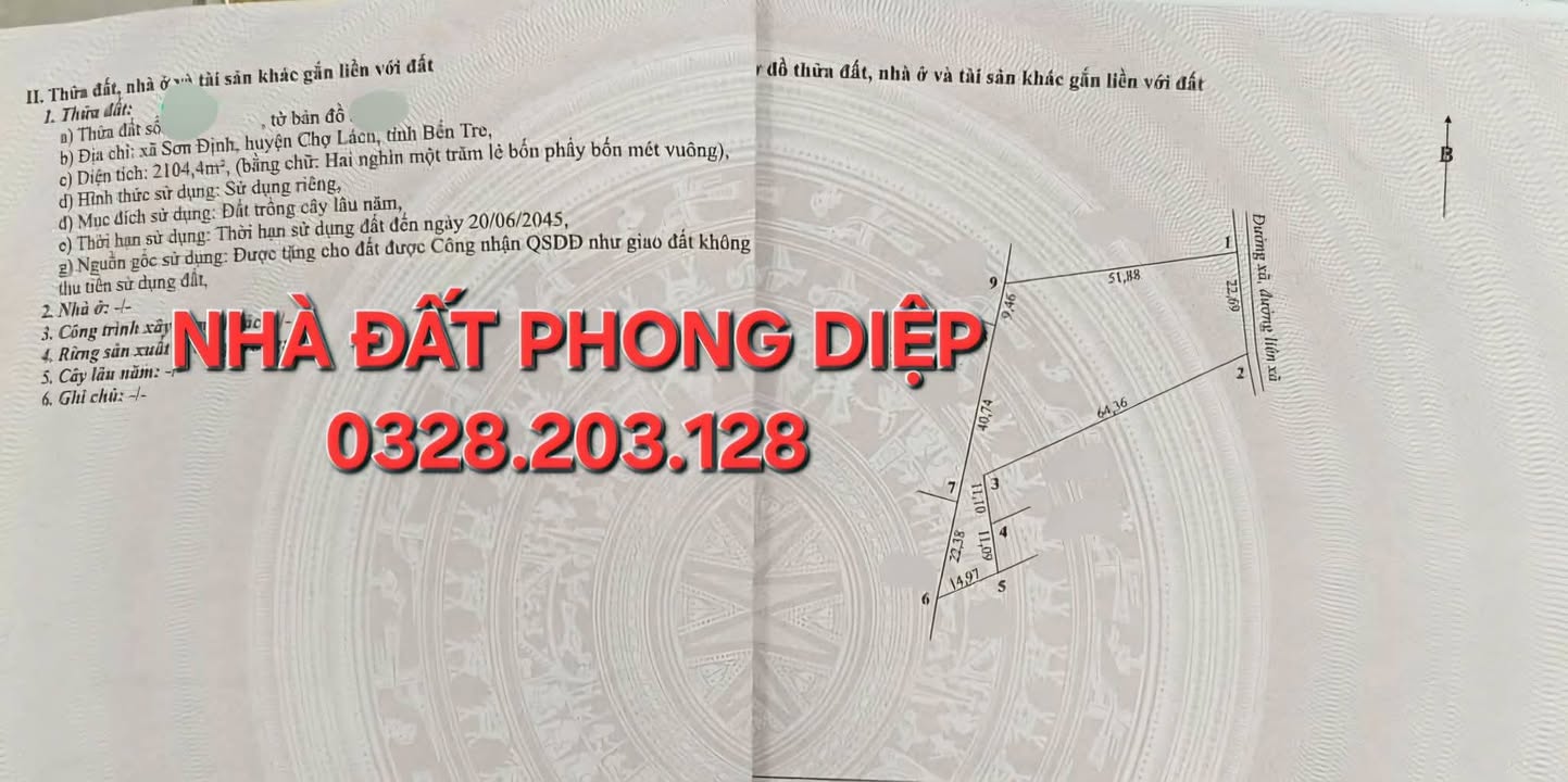 Đất nền Sơn Định Chợ Lách 2104m² giá 550 triệu - Đường xe ô tô vào tận nơi!