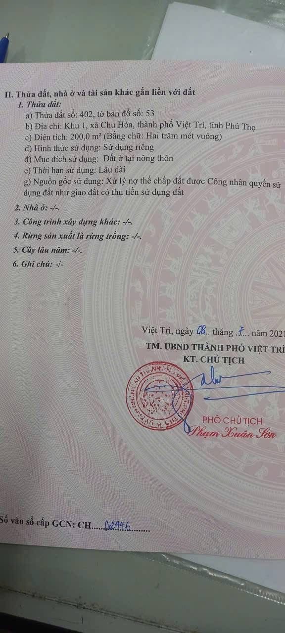 Đất nền 400m² tại Chu Hoá, Lâm Thao - Giá tốt cho đầu tư hoặc ở ngay!