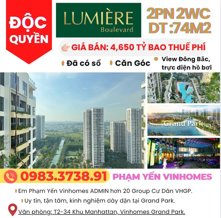 Căn hộ Lumière Boulevard Thủ Đức 74m² giá 4.65 tỷ - Căn góc view hồ bơi sang trọng!