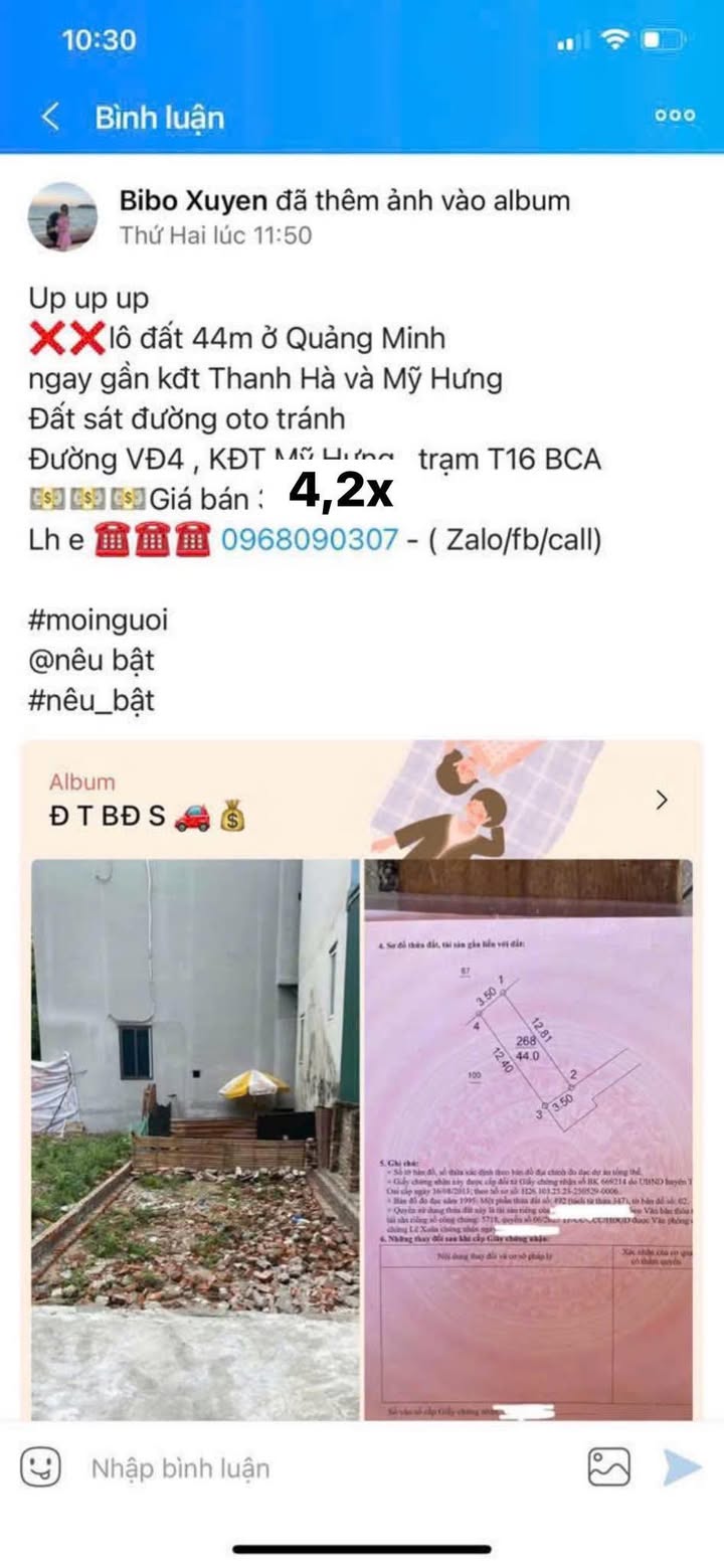 Lô đất 44m² tại Quảng Minh, Mê Linh - Giá chỉ 4.2 tỷ, vị trí đắc địa!