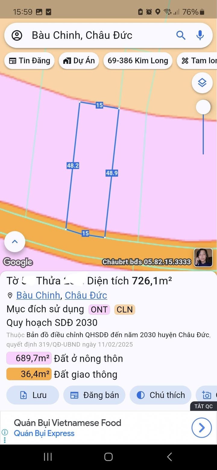 Đất nền Bàu Chinh, Châu Đức 726m² giá 1.58 tỷ - Cơ hội đầu tư tuyệt vời!