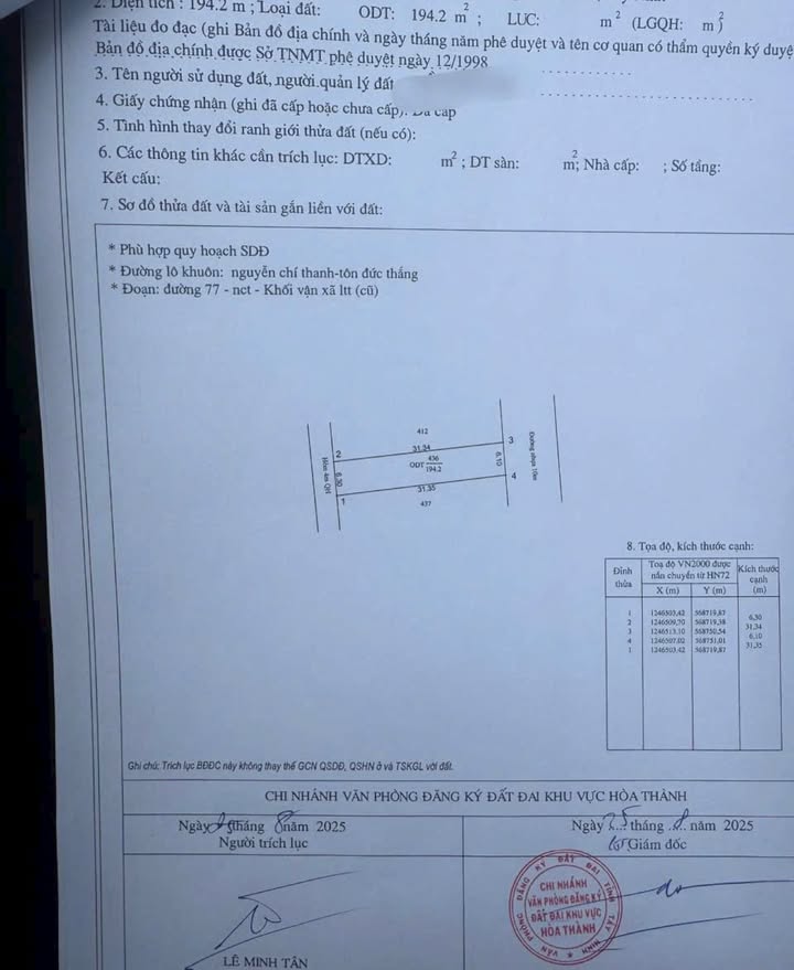 Đất nền Tôn Đức Thắng, Hòa Thành 192m² giá 245 triệu - Đầu tư sinh lời ngay!
