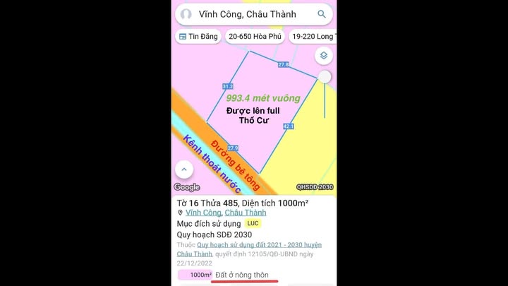 Đất nền Vĩnh Công, Châu Thành, Long An 837m² giá 1.25 tỷ - Tiềm năng phát triển cao!