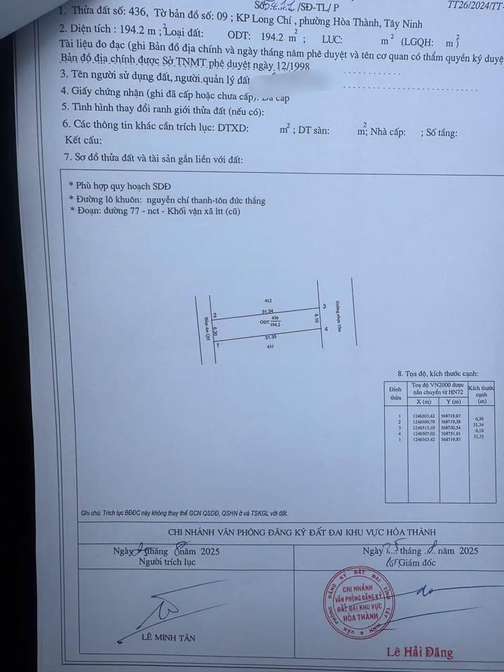 Đất thổ cư Hòa Thành 191.1m² giá 245 triệu - Nở hậu, hướng Đông mát mẻ!