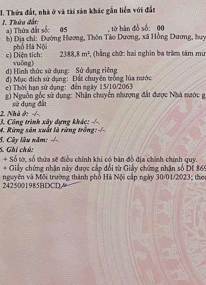 Đất ruộng tại xã Hồng Dương, Thanh Oai, 2388m² - Đầu tư sinh lời tốt!