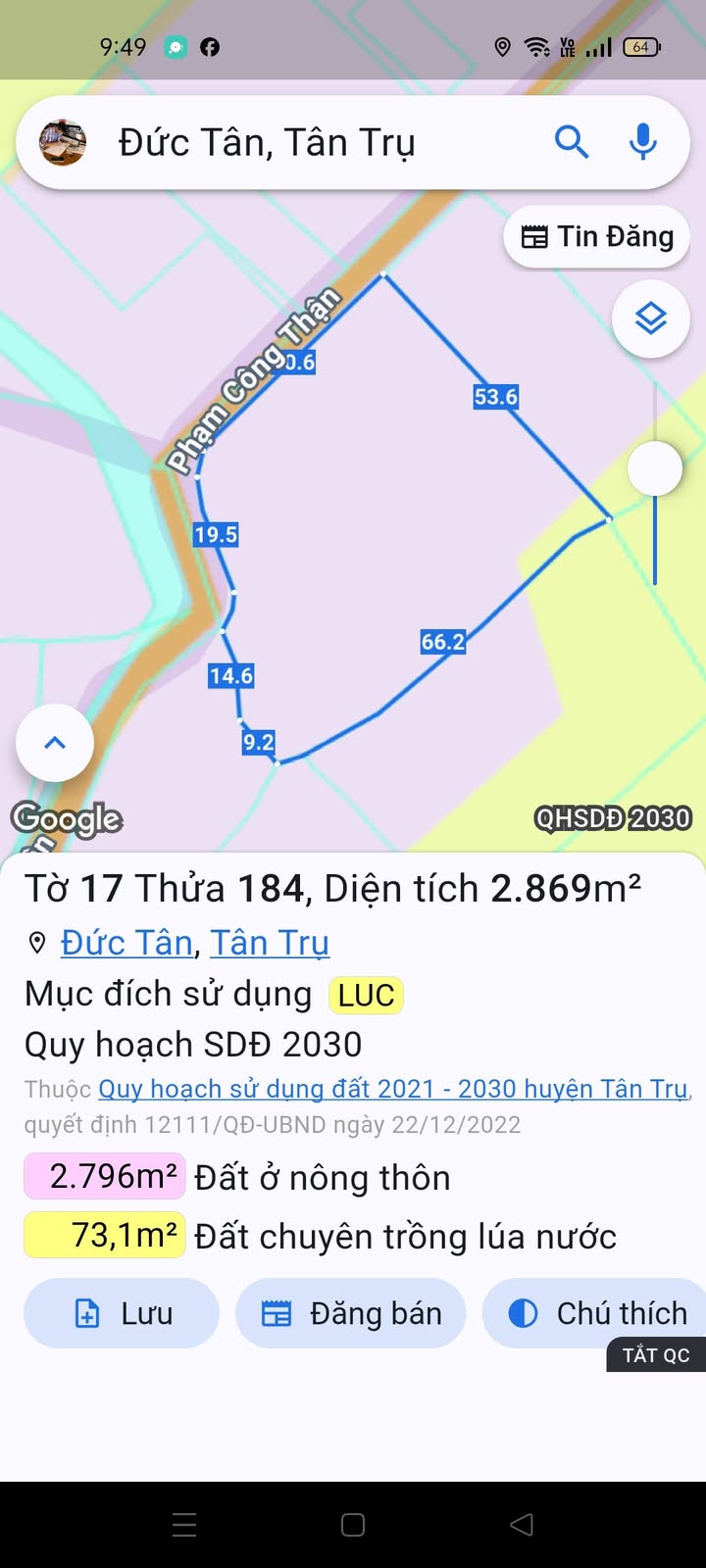 Đất thổ cư mặt tiền đường Phạm Công Thận, xã Vàm Cỏ, Long An - Sổ đỏ chính chủ chỉ 2.582 tỷ!