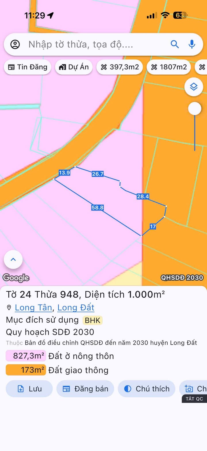 Đất nền Long Tân 1000m² giá 1.7 tỷ - Đầu tư sinh lời lý tưởng!