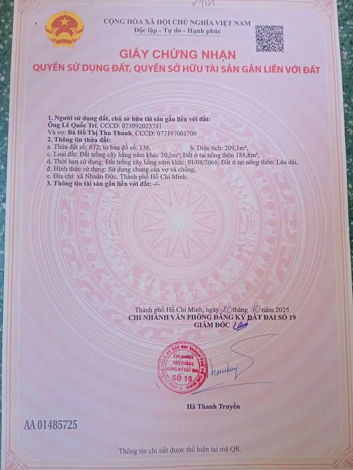 Đất nền 209m² xã Nhuận Đức, Củ Chi - Giá 2.15 tỷ, thương lượng ngay!