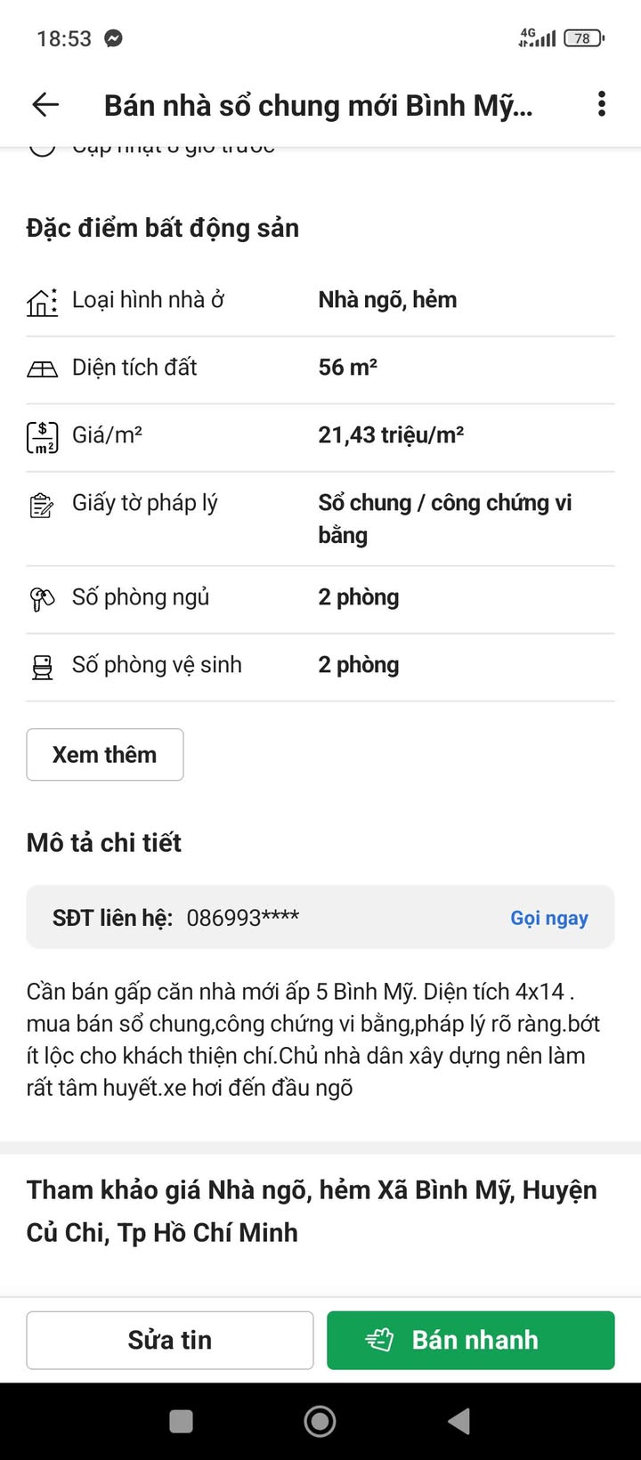 Nhà bán gấp ấp 5 Bình Mỹ 56m² giá 1.2 tỷ - Hẻm thông, xe hơi tới cửa!