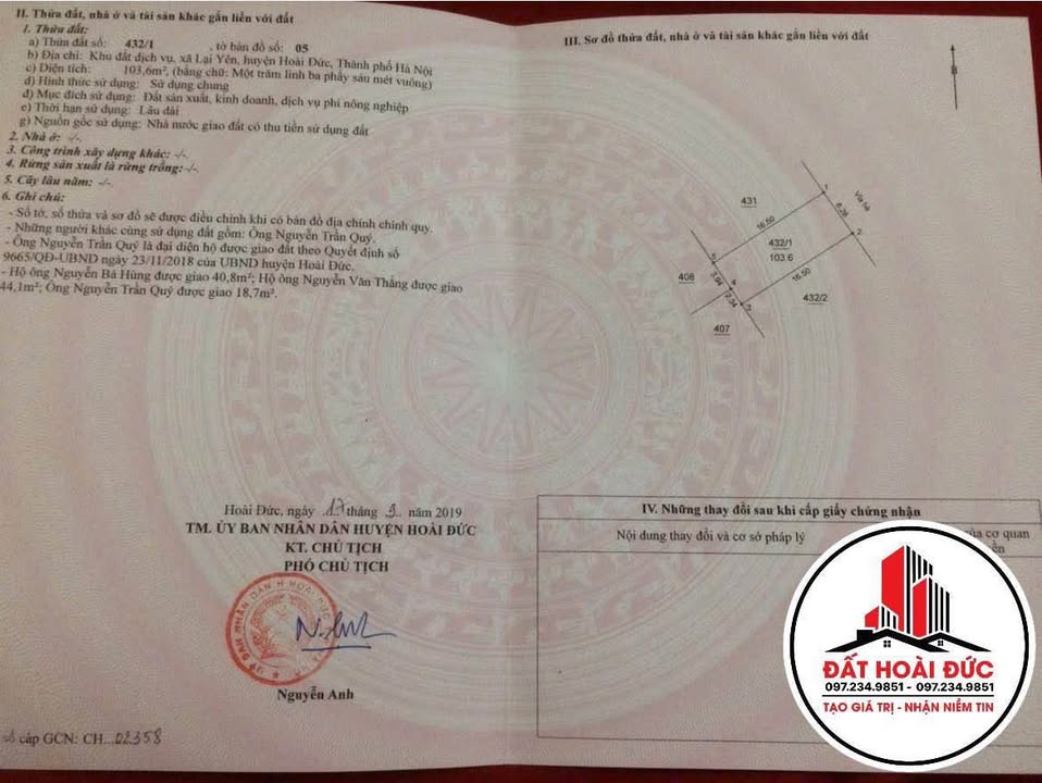 Đất nền Lại Yên Hoài Đức 100m² giá 100 triệu - Cơ hội đầu tư tuyệt vời!