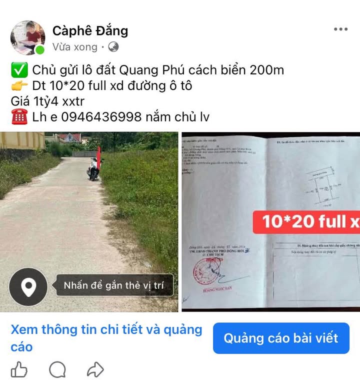 Đất nền Quang Phú 200m² giá 1.4 tỷ - Cách biển chỉ 200m!