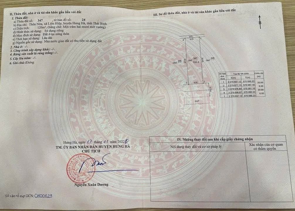 Đất đấu giá 120m² xã Liên Hiệp, huyện Hưng Hà - Vị trí đắc địa, mặt tiền 6m hướng Nam!