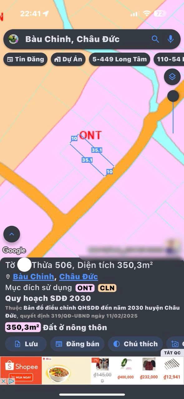 Đất nền Bàu Chinh, Châu Đức 350m² giá 6 tỷ - Sổ đỏ chính chủ, vị trí đẹp!