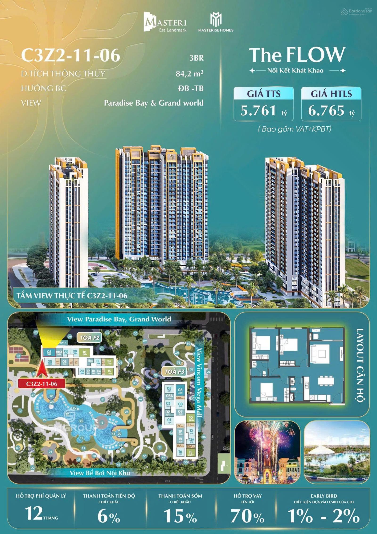 Căn hộ 3PN tầng đẹp tại Masteri Era Landmark Hưng Yên 90.7m² - View Pháo Hoa tuyệt đẹp!