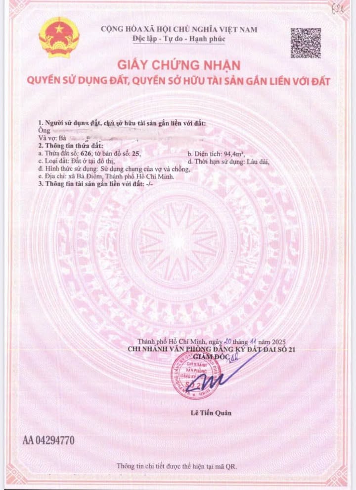 Đất Bà Điểm 94m² giá 4.25 tỷ - Sổ đỏ chính chủ, xây dựng tự do!