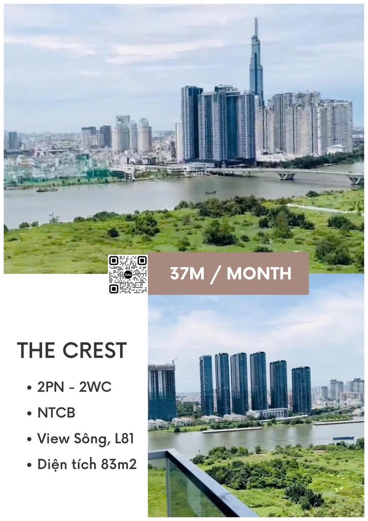 Căn hộ cho thuê The Crest Thủ Đức 83m² giá 37 triệu - Sẵn sàng vào ở ngay!