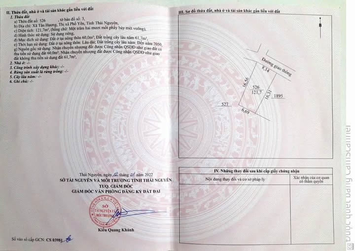 Đất thổ cư Tân Hương Phổ Yên 121m² giá 600 triệu - Mặt tiền 8m, đường ô tô thuận tiện!