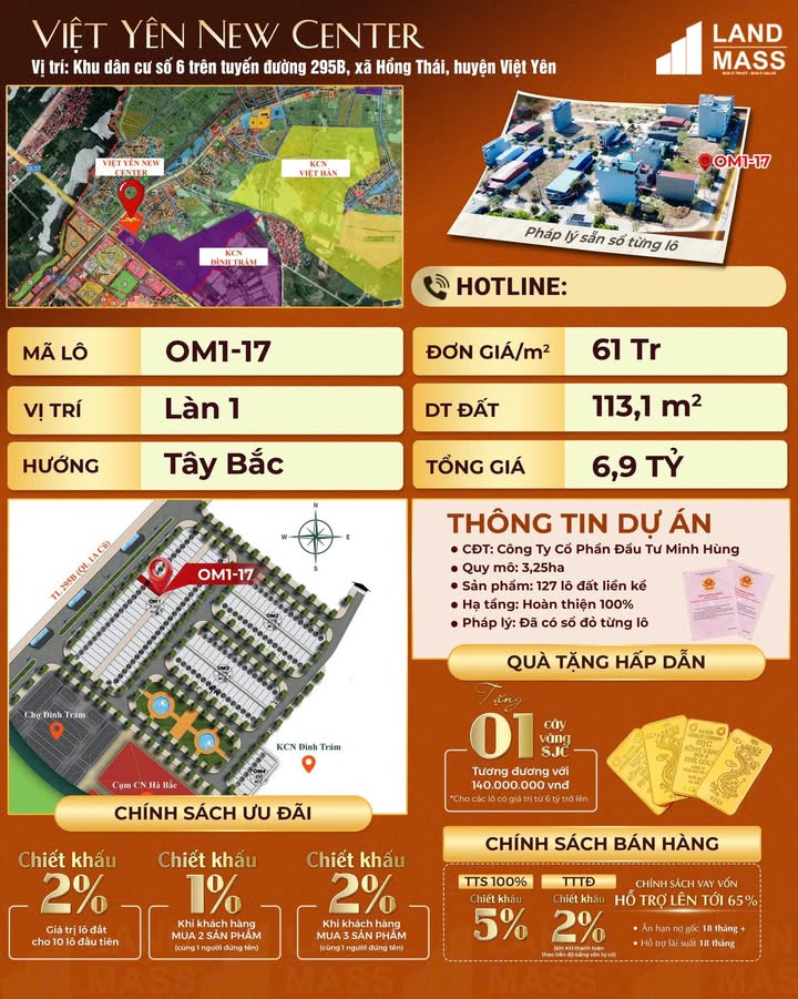 Đất nền dự án Việt Yên New Center 113m² giá 6.9 tỷ - Sổ đỏ từng lô, nhận ngay!