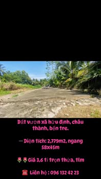 Đất vườn Hữu Định, Châu Thành, Bến Tre 2779m² giá 3.6 tỷ - Đầu tư sinh lời ngay!