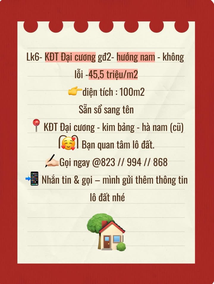 Đất nền KĐT Đại Cương Kim Bảng 100m² giá 4.55 tỷ - Sổ đỏ chính chủ, chuyển nhượng ngay!